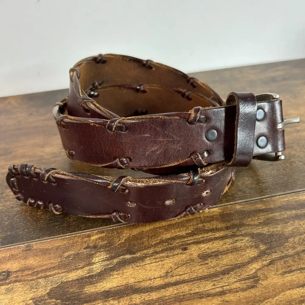 REI Brown Leather Belt Solid Silver Buckle Mens 36 Distressed Wrap Braid Detail